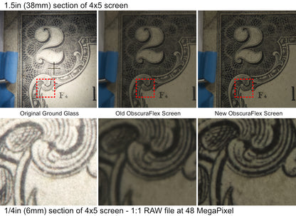 Comparison of 'Original Ground Glass', 'Old ObscuraFlex Screen', and 'New ObscuraFlex Screen' on a 4x5 screen section.